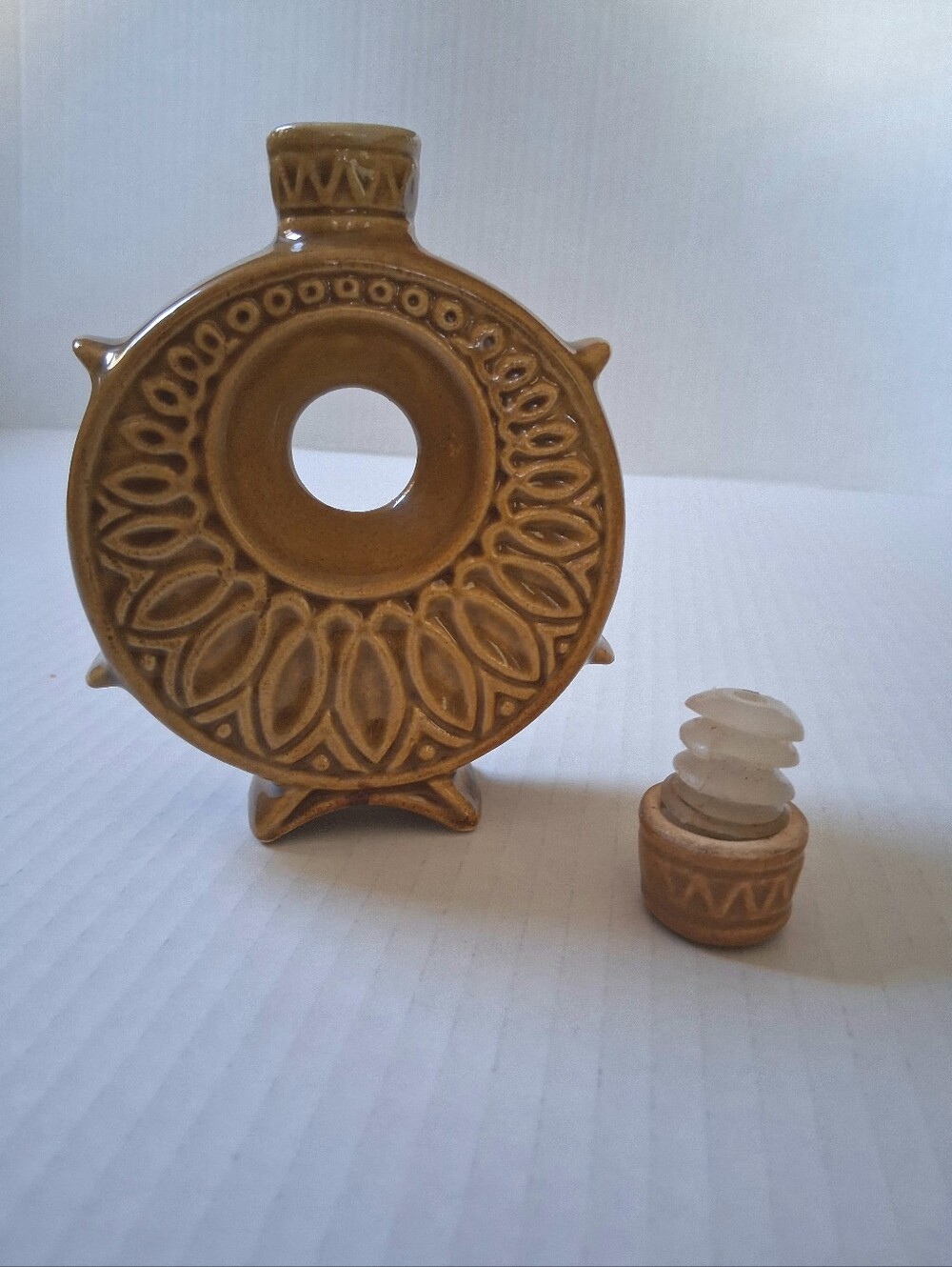 Vintage Faimar Ceramic Ring Flask Donut Vase Canteen Honey Amber Glaze European